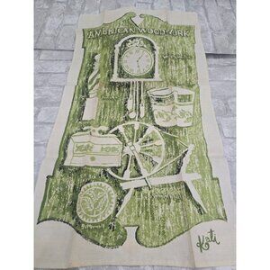 Vtg Linen Tea Towel American Woodwook Signed Kati 29x16" Clock Wheel Green Crisp